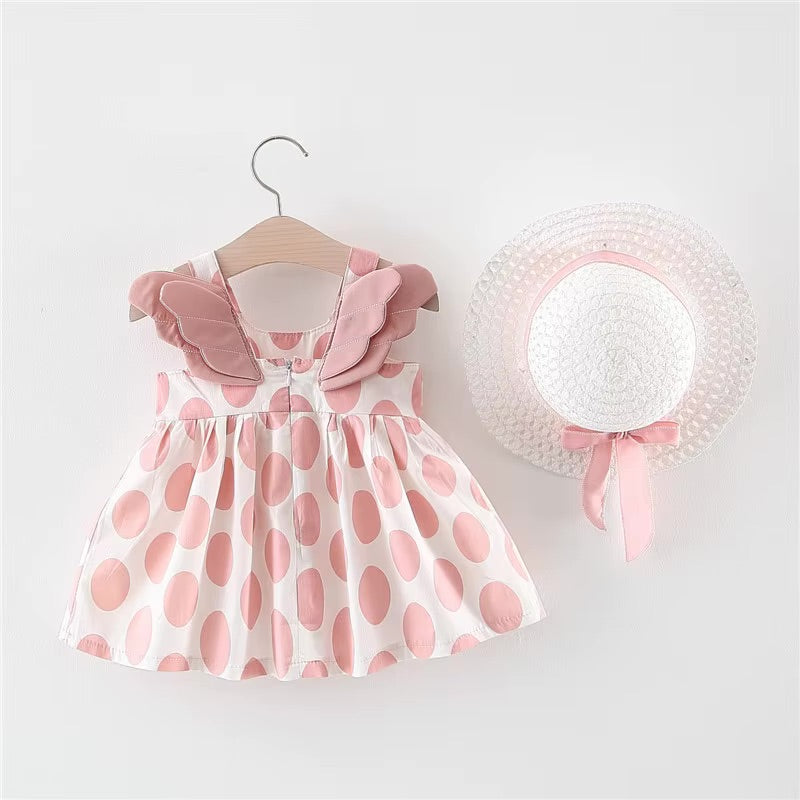 Pink Polka Dot Angel Wings Dress & Hat Set