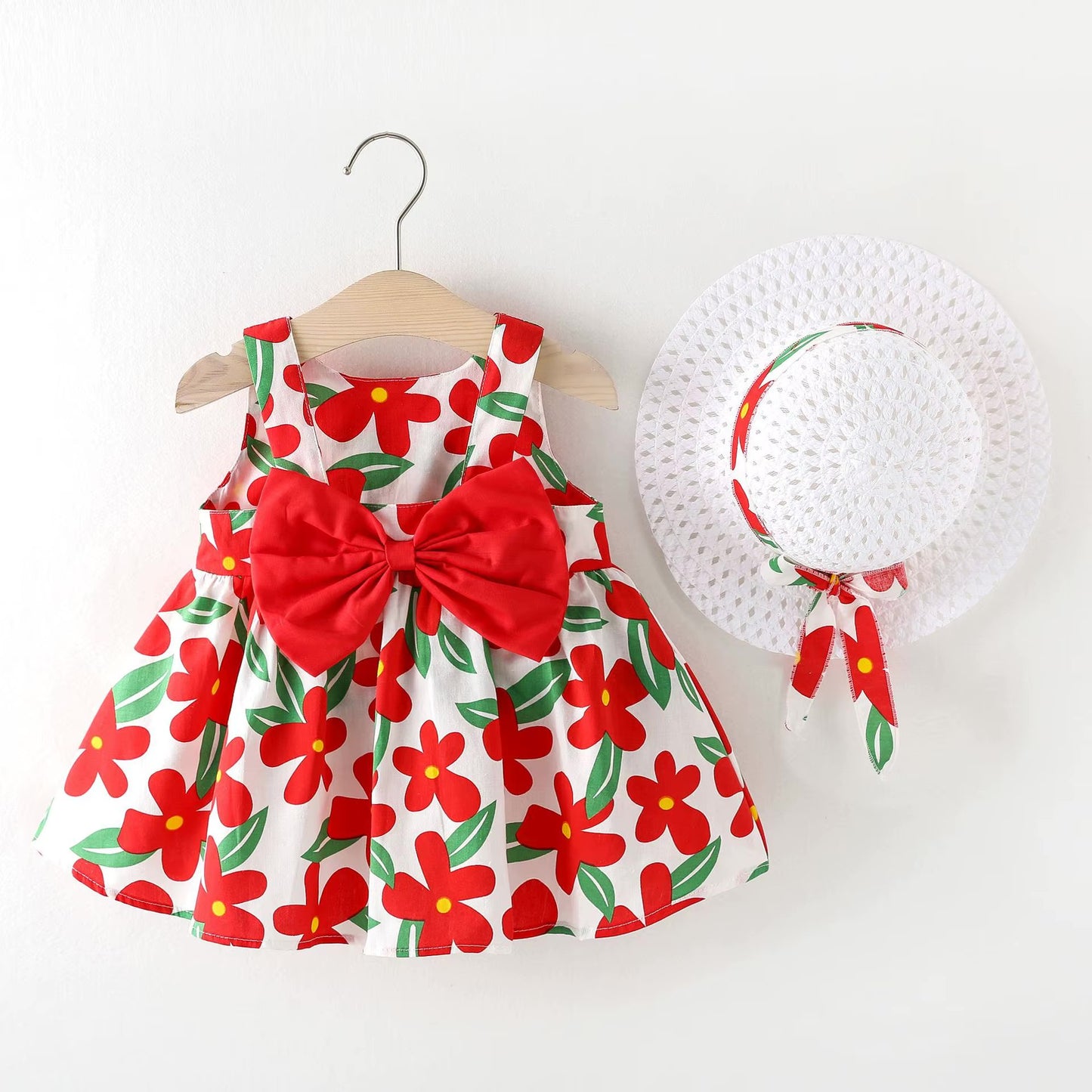 Red & White Floral Baby Dress & Hat Set