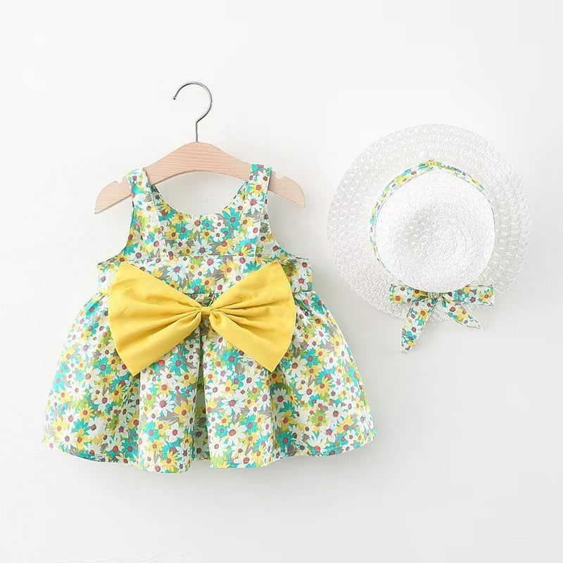 Yellow & Green Floral Baby Dress & Hat Set