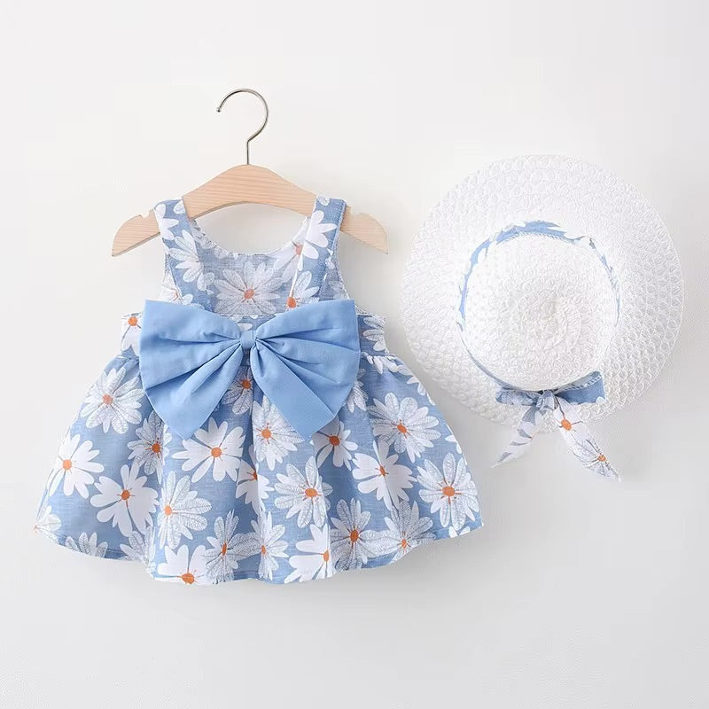 Blue Daisy Summer Dress with Bow & Hat Set
