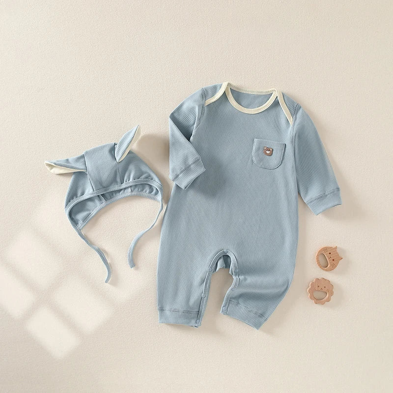 Whimsical Baby Outfit Set with Blue Ribbed Romper, Bunny Ears Hat