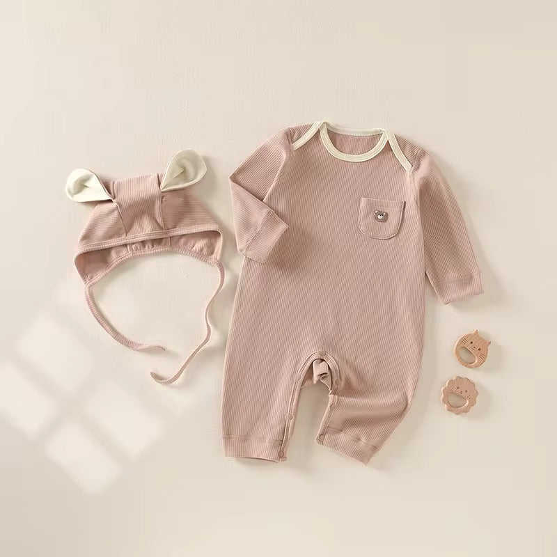 Whimsical Baby Outfit Set with Blue Ribbed Romper, Bunny Ears Hat