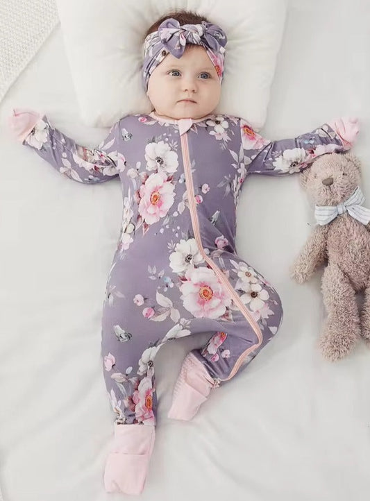 Baby 2- way zip Purple flolar Bamboo sleep & play Pajamas